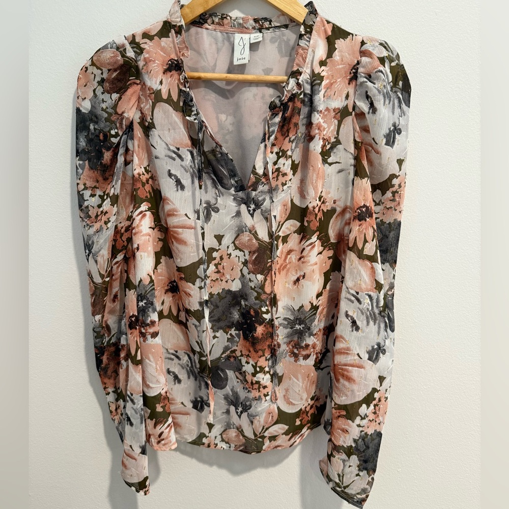 Excellent Joie Blouse Small Floral Ruffle Keyhole Puff long Sleeve top work Fall